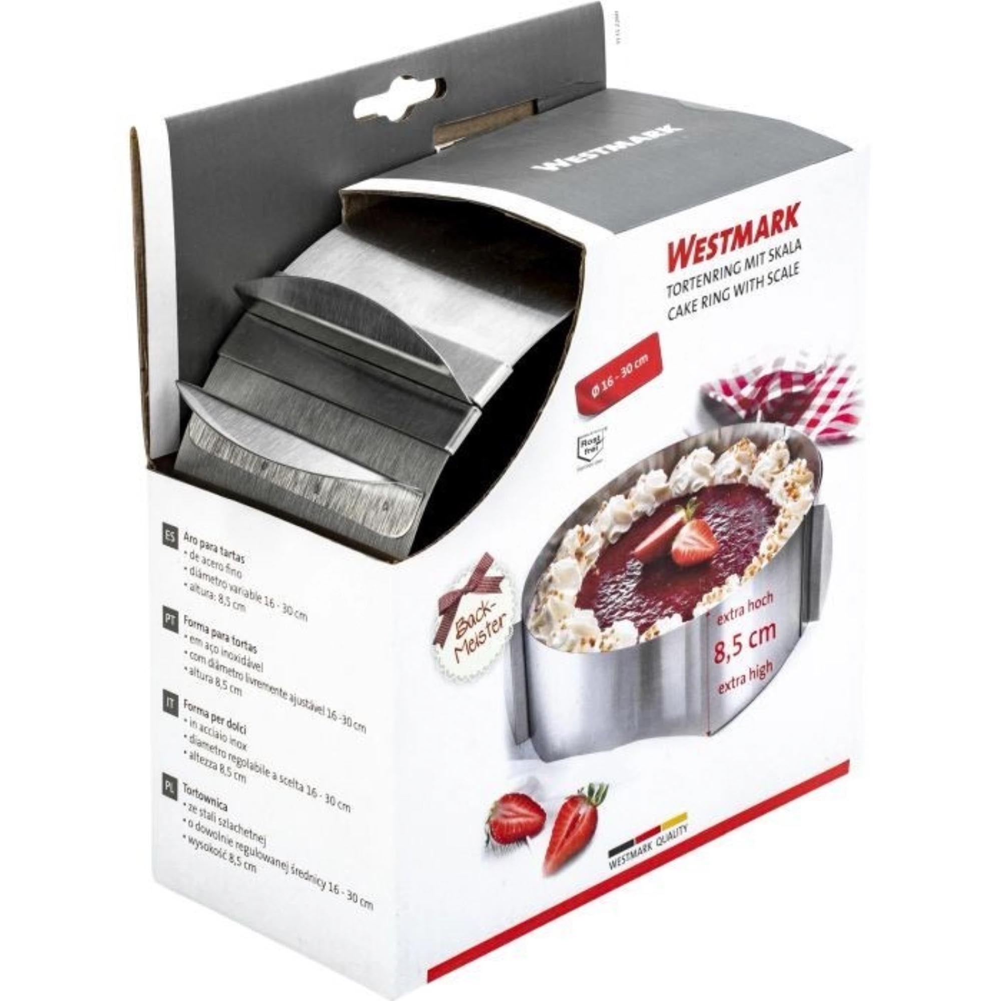 Verstellbarer Tortenring von Westmark, ideal für Kuchen mit Durchmessern von 16 bis 30 cm, aus robustem und langlebigem Edelstahl.