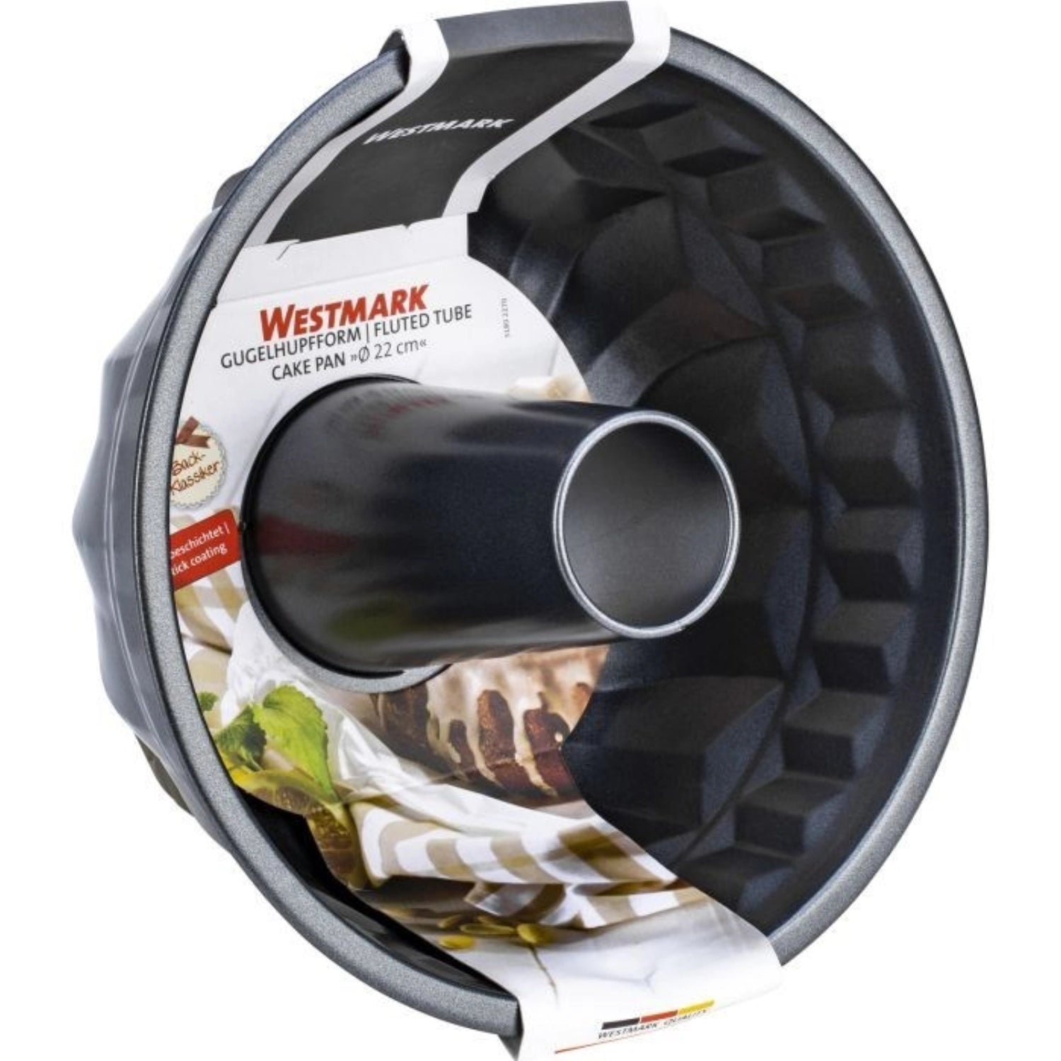 Elegante Gugelhupfform von Westmark mit 22 cm Durchmesser, ideal für saftige Kuchen. Antihaftbeschichtung sorgt für müheloses Entformen und Reinigung.
