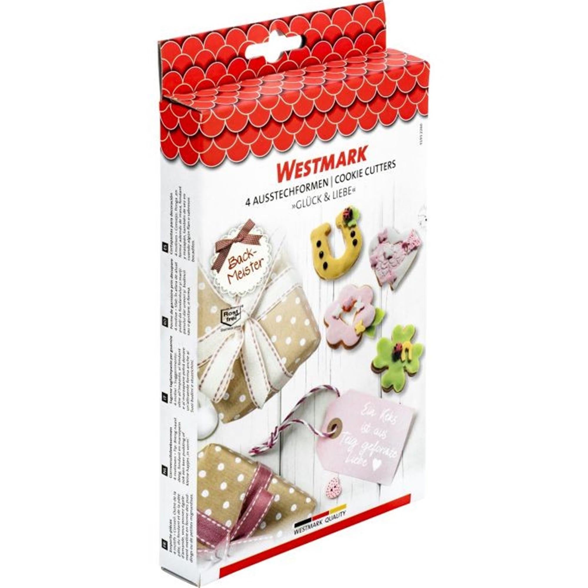 Set aus vier Ausstechformen von Westmark, ideal für Glücks- und Liebesmotive. Perfekt für kreative Backideen und Dekorationen.