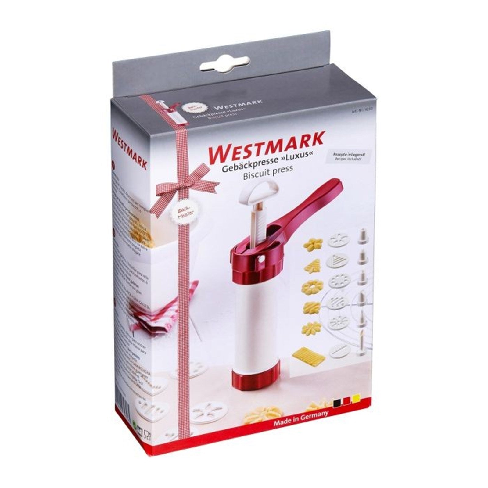 Elegante Gebäckpresse und Dekorierspritze von Westmark, perfekt für Backkreationen, mit Zubehör wie Formen und Tüllen.