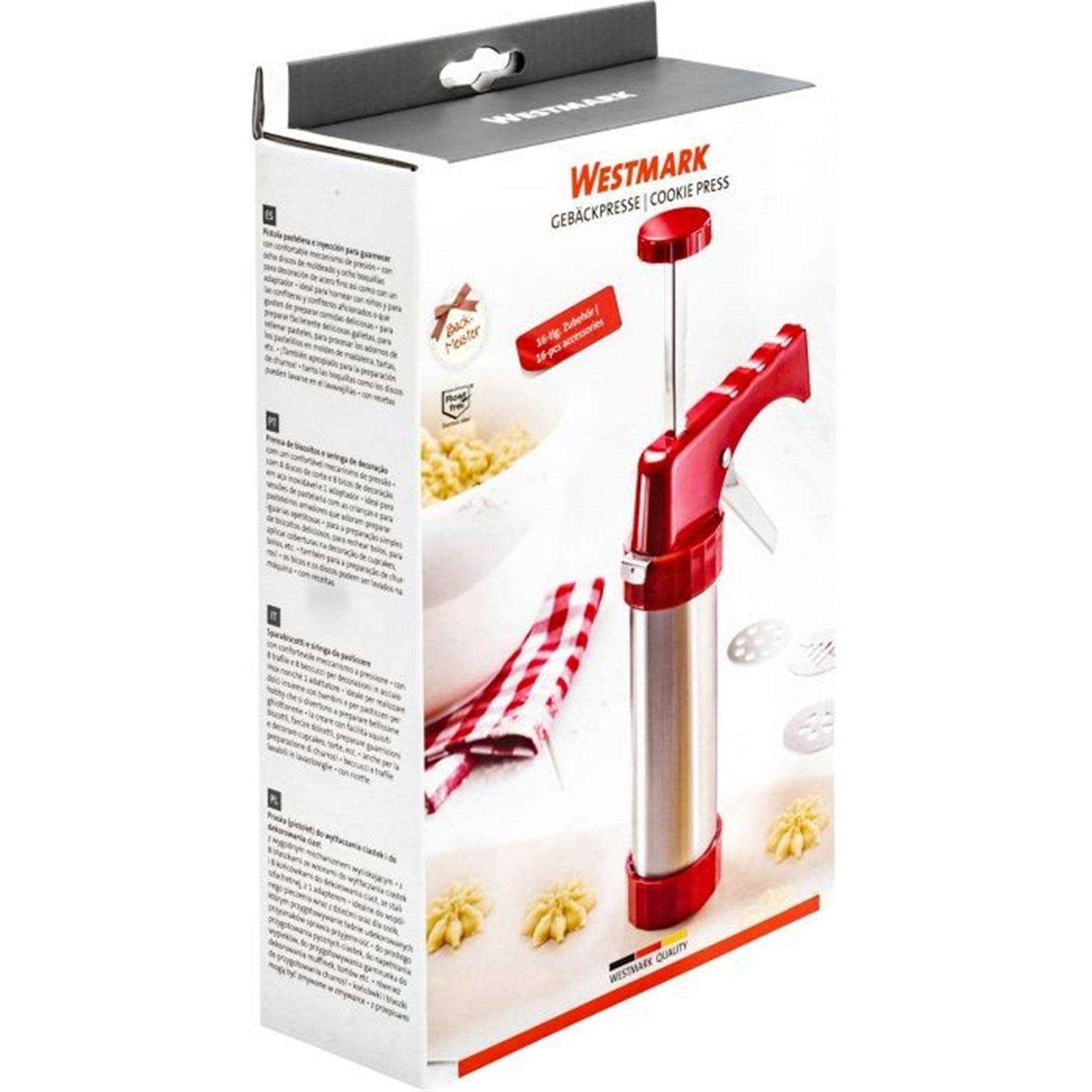 Vielseitige Gebäckpresse und Garnierspritze von Westmark, ideal für kreative Backkreationen mit verschiedenen Tüllen und Formscheiben.