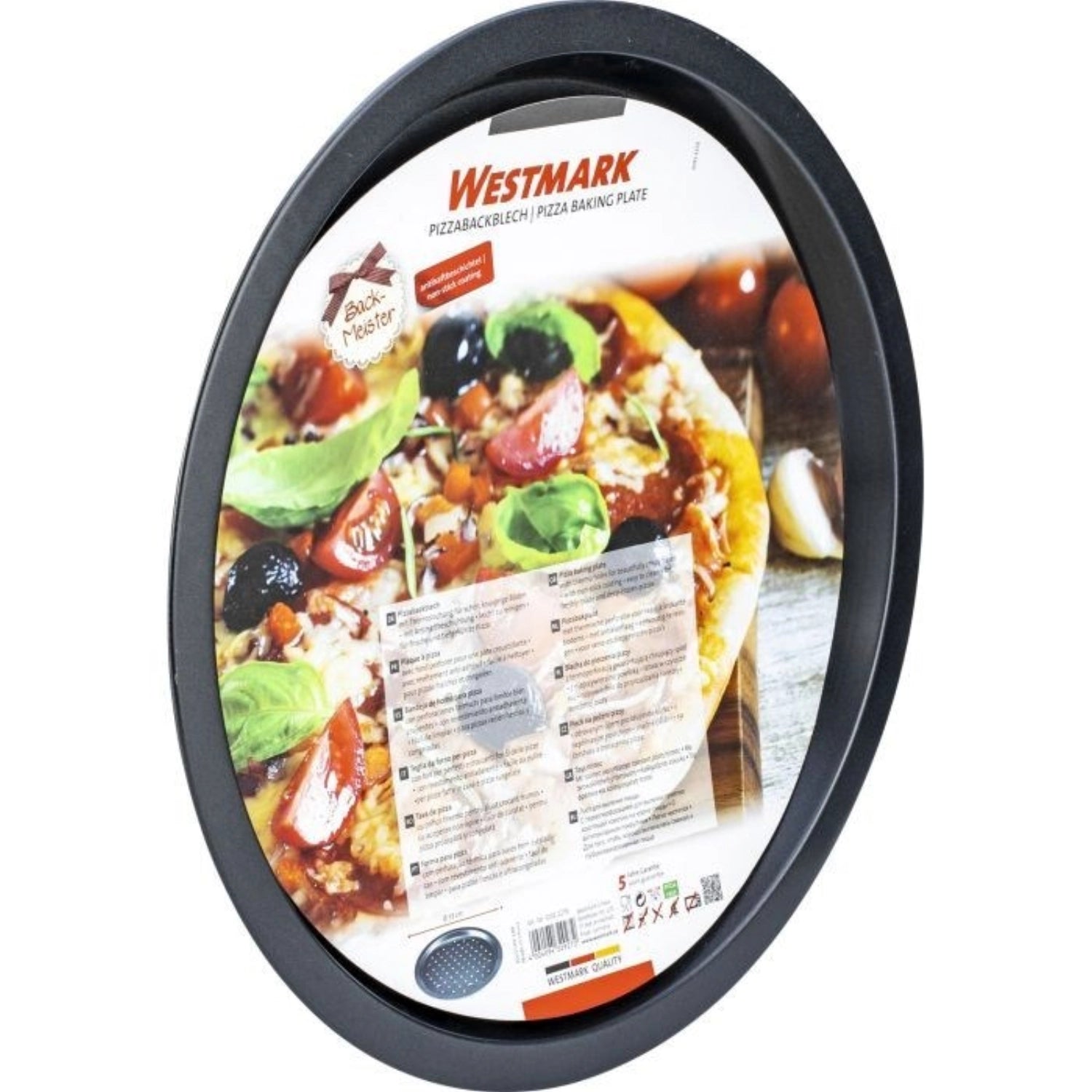 Westmark Backmeister Pizzablech mit 33 cm Durchmesser, ideal für perfekte Pizzen, bietet eine praktische Antihaftoberfläche für müheloses Backen und Reinigen.
