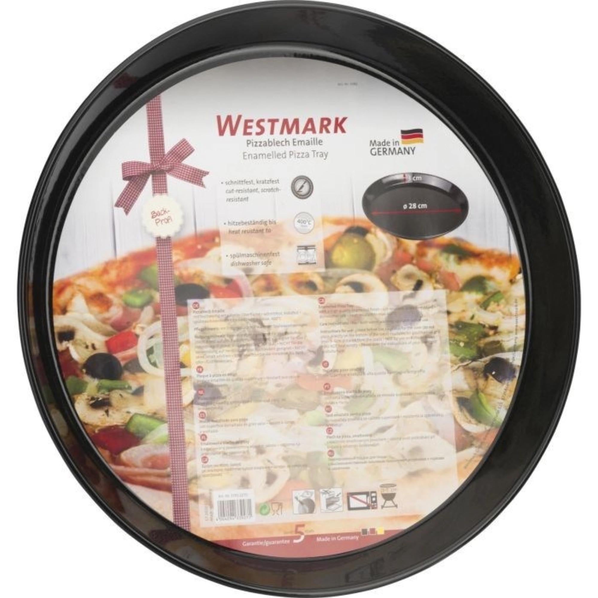 Robustes Emaille-Backblech, 28 cm Durchmesser, 3 cm hoch, ideal für Pizza und Wähen, langlebig, pflegeleicht und hitzebeständig.