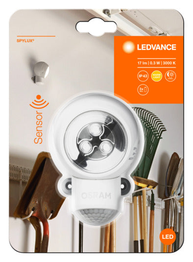 Entdecken Sie die OSRAM LED-Leuchte Spylux 0.3W 17lm in warmweiß – ideal für flexible Beleuchtung drinnen und draußen, mit Bewegungsmelder und drehbarem Kopf.