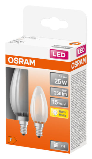 Entdecken Sie die OSRAM LED-Lampe Retrofit Classic B E14 2.5W 250lm in warmweiß. Ideal für energieeffiziente Beleuchtung mit sofortiger Helligkeit und klassischem Design.