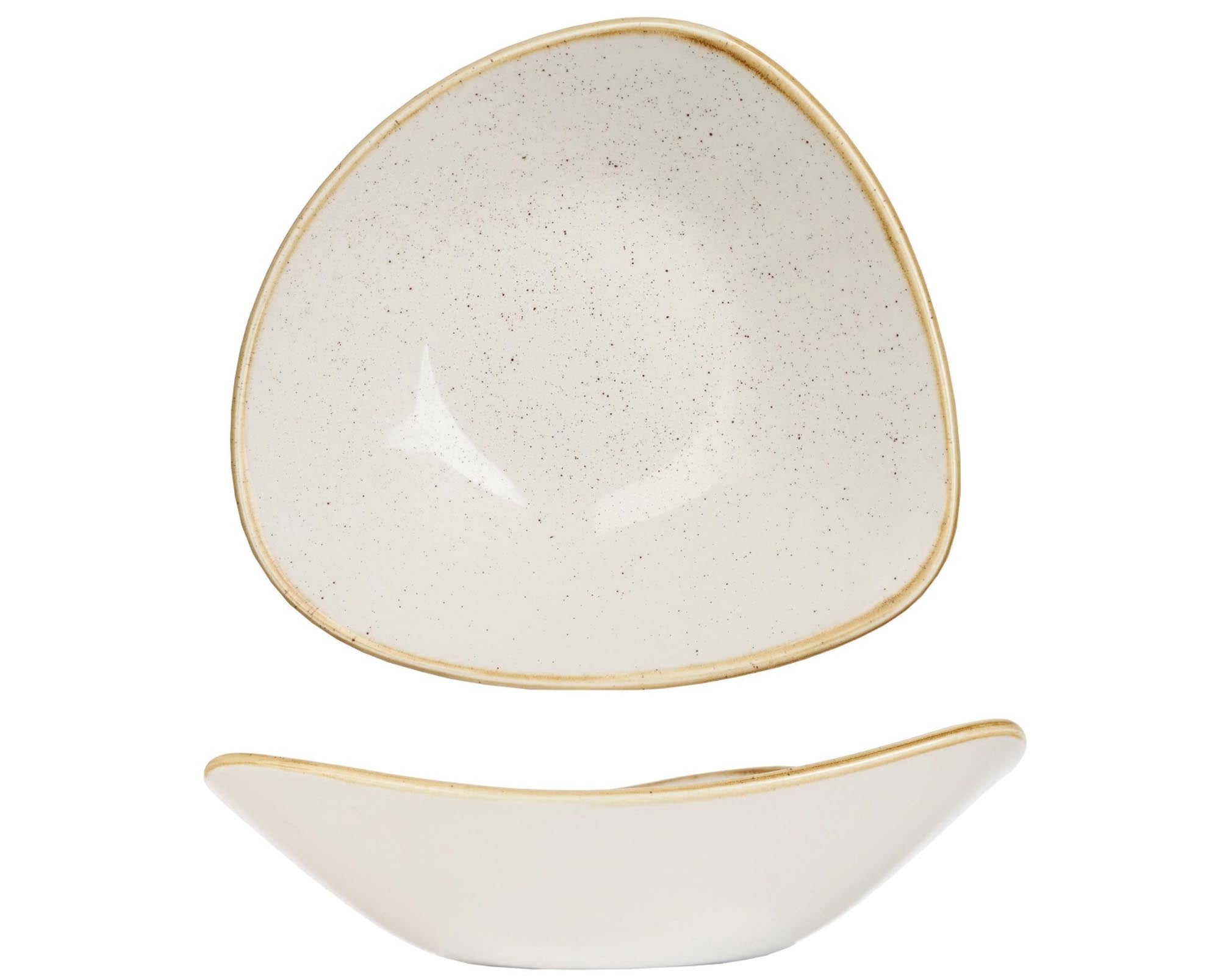 Eleganter, handbemalter Triangel Teller (18,5 cm) aus langlebigem Porzellan mit goldbraunem Rand für stilvolle Präsentationen.