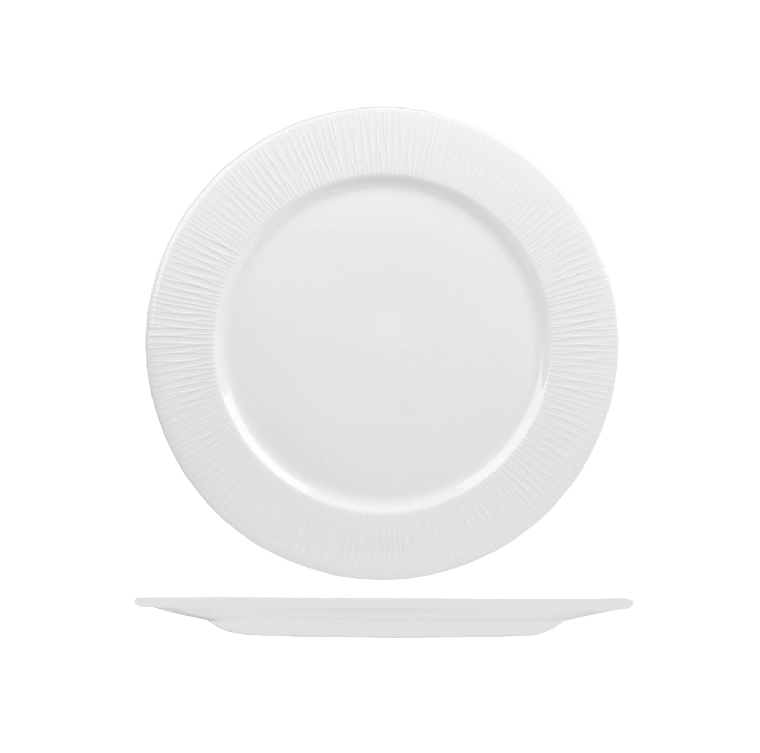 Eleganter, schmaler flacher Teller aus der Bamboo White Kollektion von Churchill, 27,6 cm, ideal für stilvolle Präsentationen und festliche Anlässe.