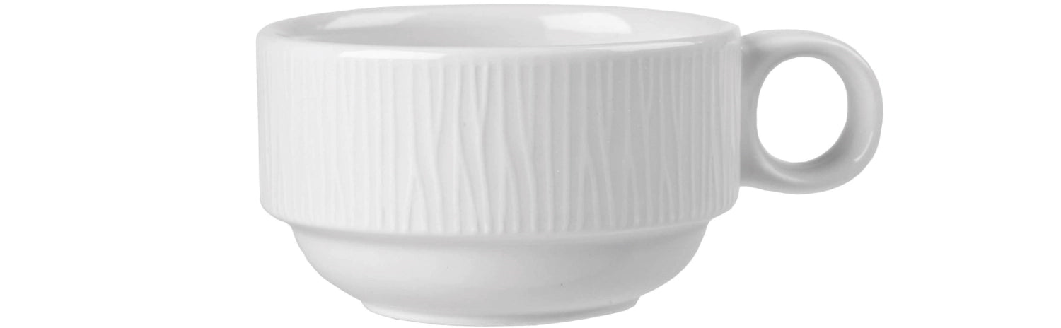 Elegante 9cl Tasse aus der Bamboo White Serie von Churchill, ideal für kleine Getränke, stapelbar und mit zeitgemäßem, minimalistischen Look.