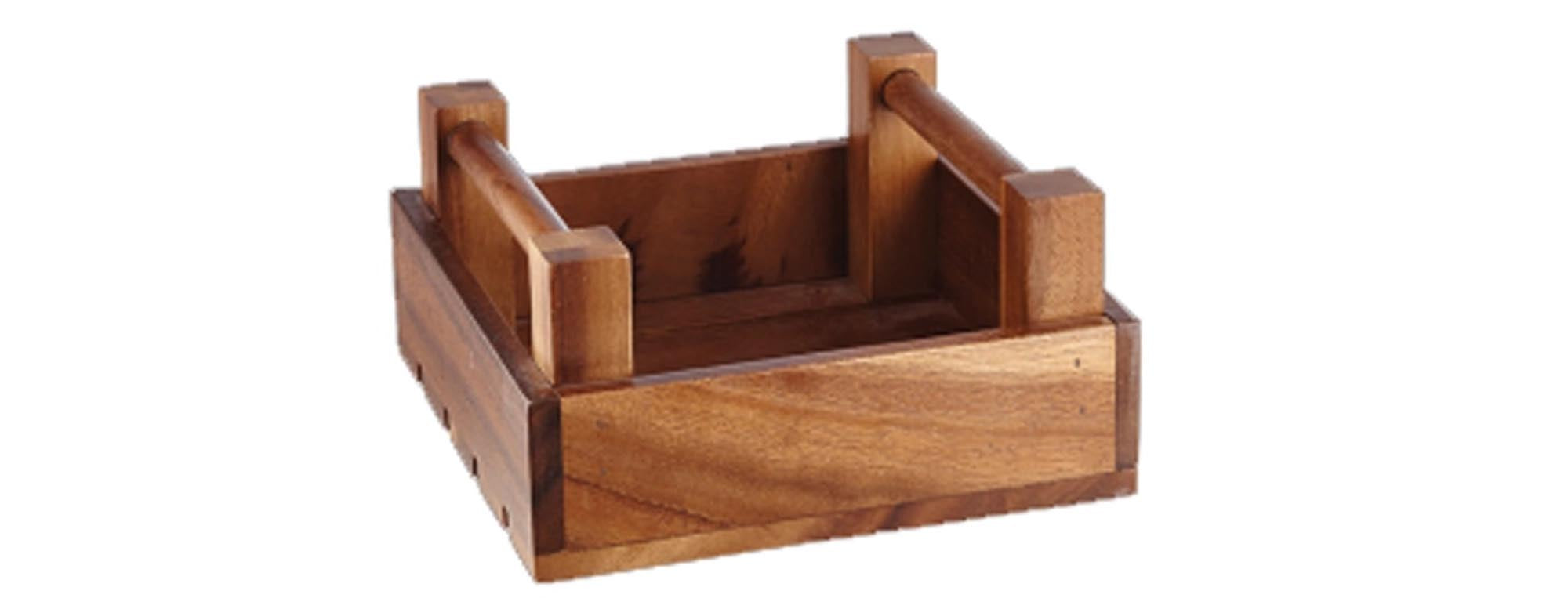 Rustikaler Servierkorb aus hochwertigem Akazienholz, 20x20cm, H10cm, ideal für die ansprechende Präsentation von Snacks und Beilagen.