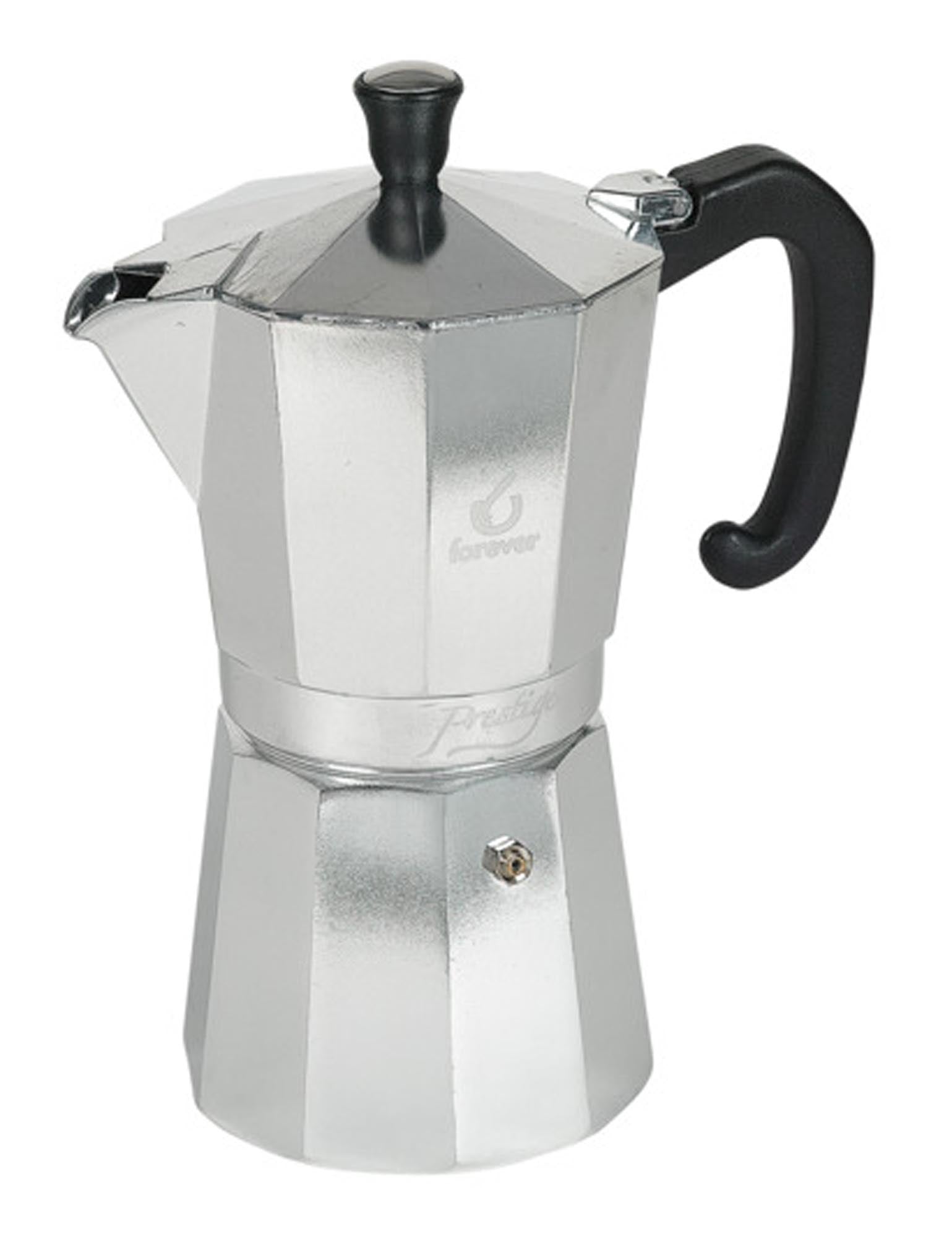 Entdecken Sie den FOREVER Moka Prestige Kaffeezubereiter für 9 Tassen. Hochwertiger Edelstahl, ideal für Kaffeeliebhaber und alle Herdarten.