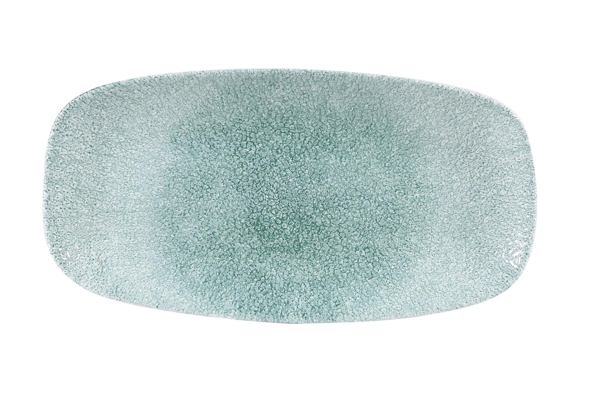 Elegante rechteckige S.P. Raku Jade Green Platte von Churchill, 35.5x18.9cm, mit jadegrüner Glasur, ideal für stilvolle Präsentationen.