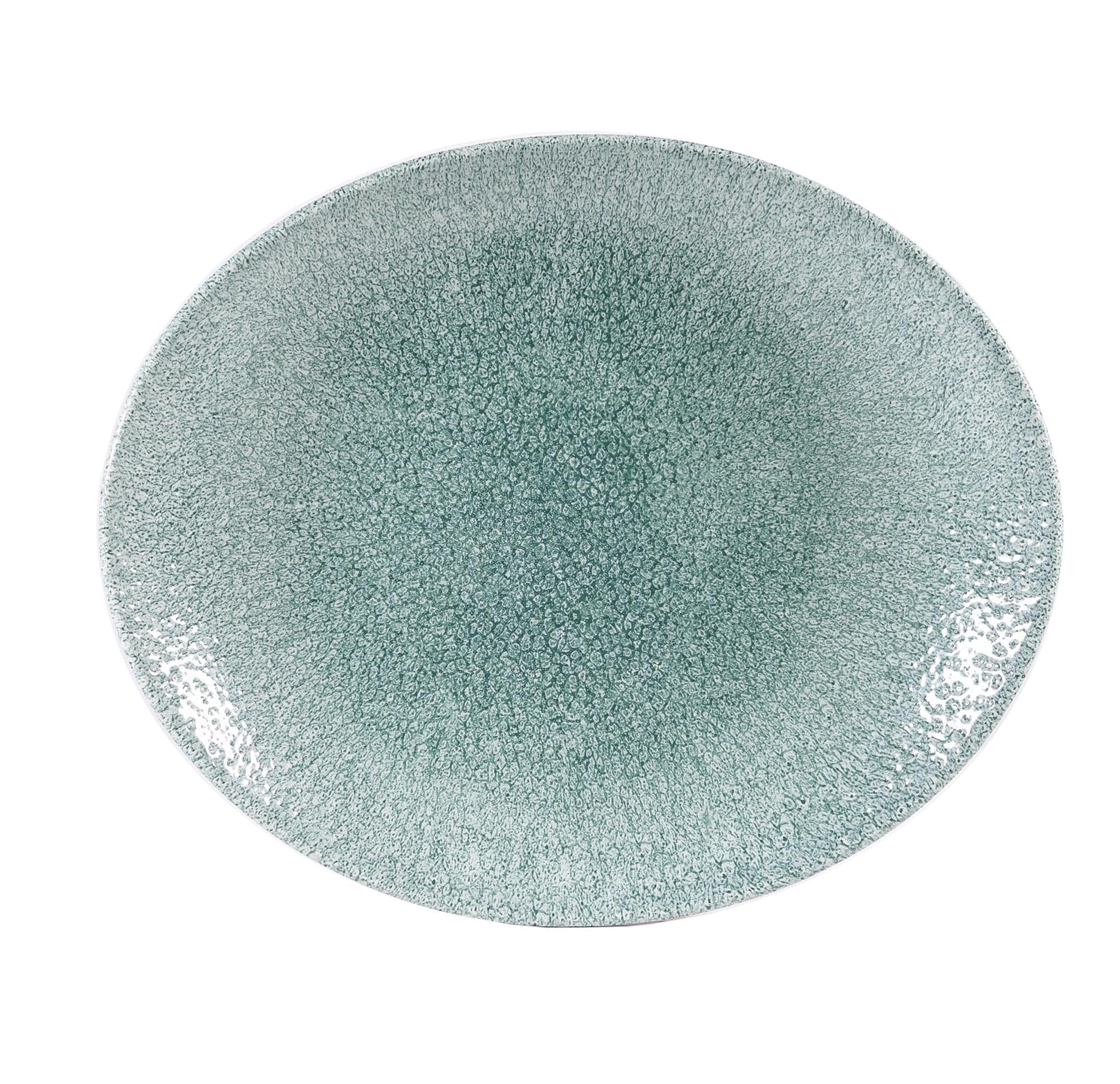 Ovaler Porzellanteller 27x22.9cm, Raku Jade Green Glasur, langlebig, spülmaschinenfest, ideal für Vorspeisen und Hauptgerichte.