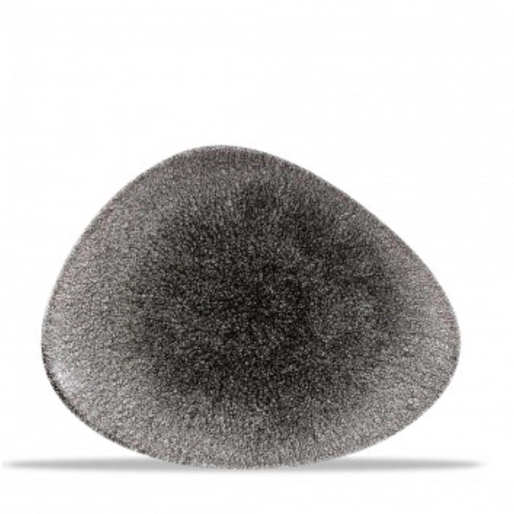 Elegante, dreieckige Porzellanplatte (26x20cm) in tiefschwarz mit Raku-Glasur. Ideal für stilvolle Präsentationen.