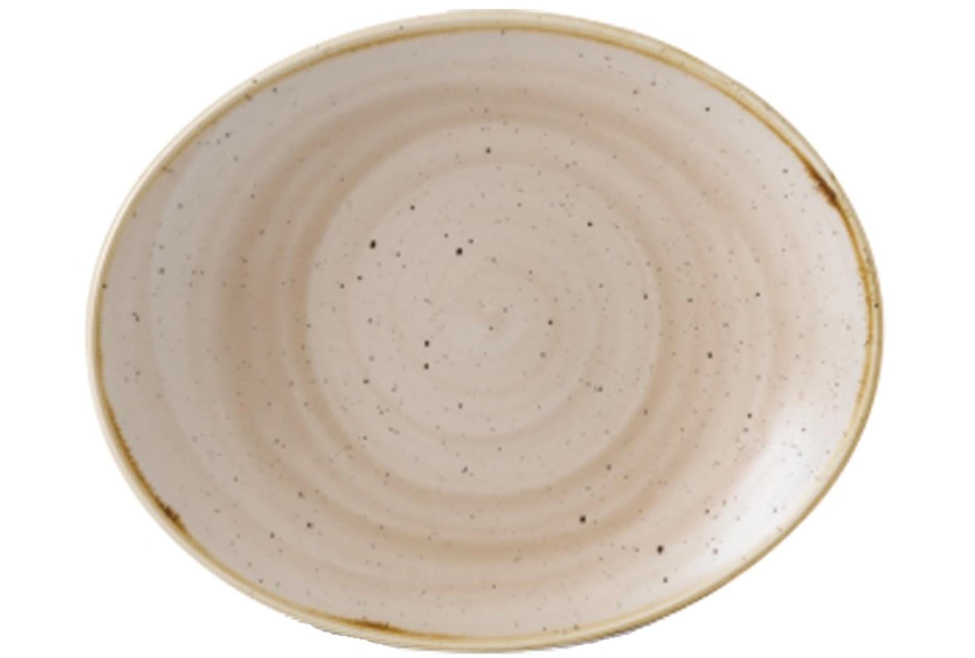 Entdecken Sie die elegante Stonecast Nutmeg Beige Platte oval 19x16cm von Churchill. Robustes Porzellan, spülmaschinenfest, ideal für Gastronomie und stilvolle Tischdekoration.