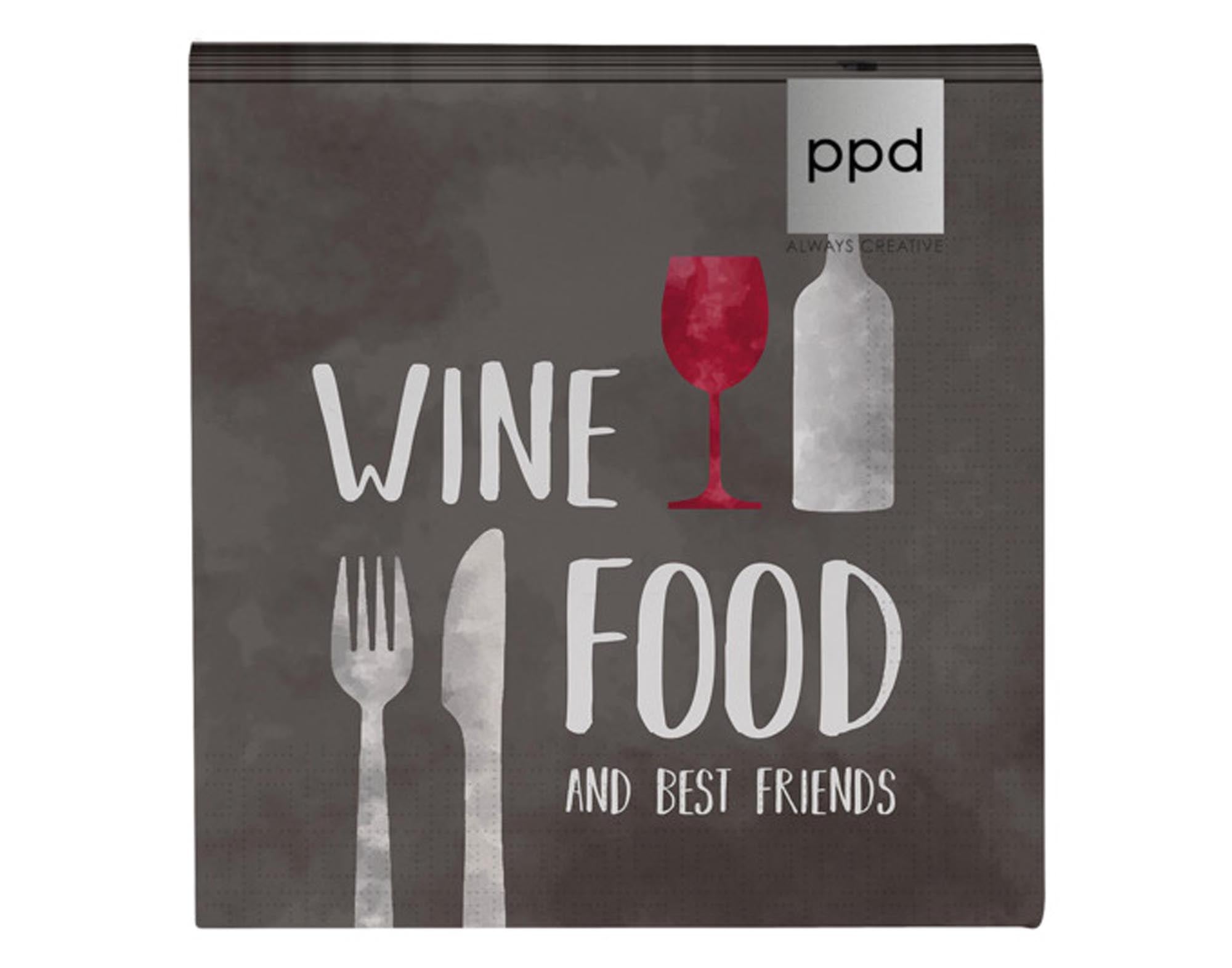 Entdecken Sie die eleganten PPD Servietten Wine Food 33x33 cm – ideal für Tischdekoration, Weinverkostungen und festliche Anlässe. Hochwertig, umweltfreundlich und vielseitig einsetzbar.