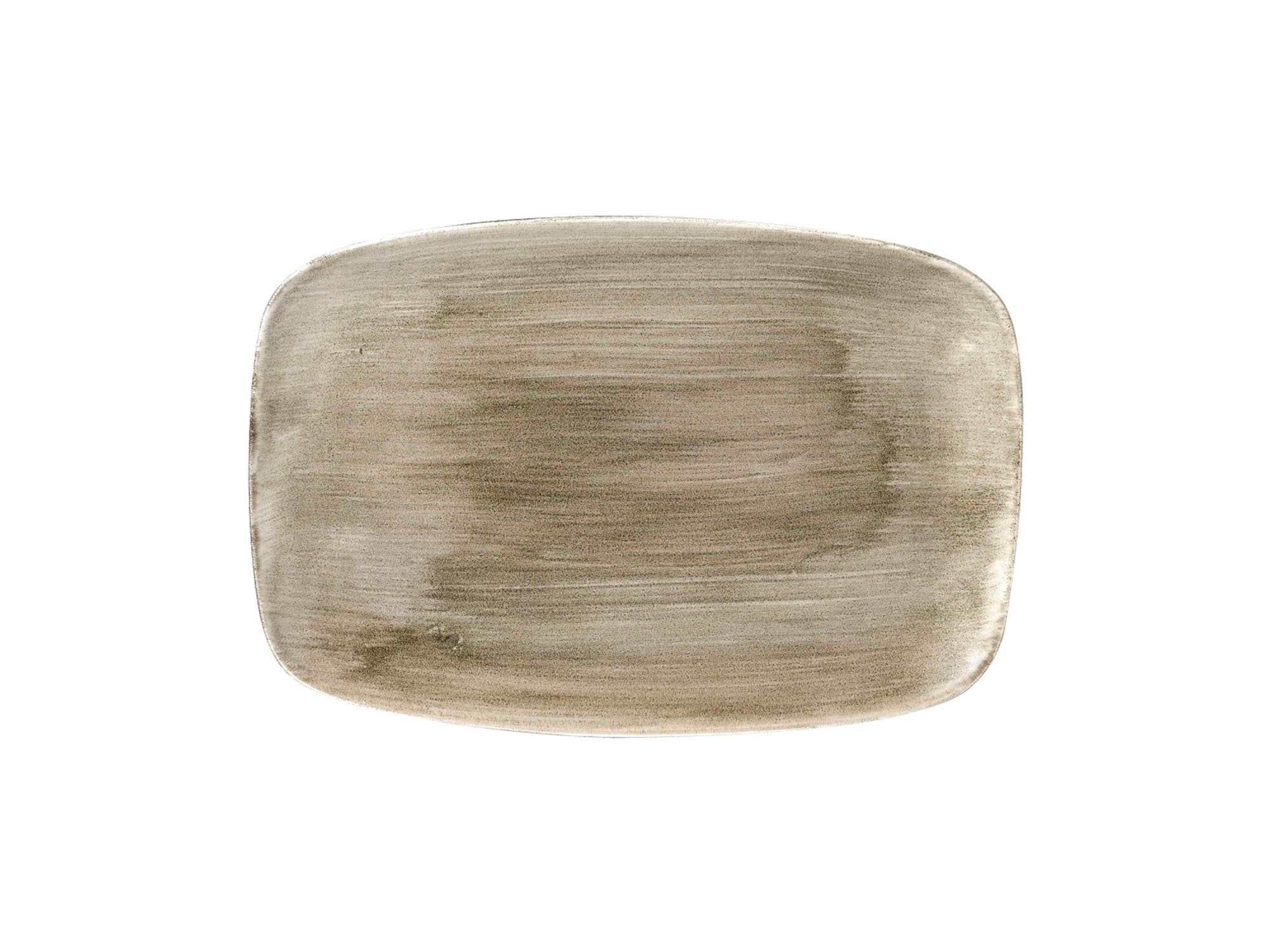 Elegante, rechteckige Porzellanplatte (35.5x24.5 cm) in antikem Taupe, ideal für stilvolle Präsentationen in Gastronomie und Zuhause.