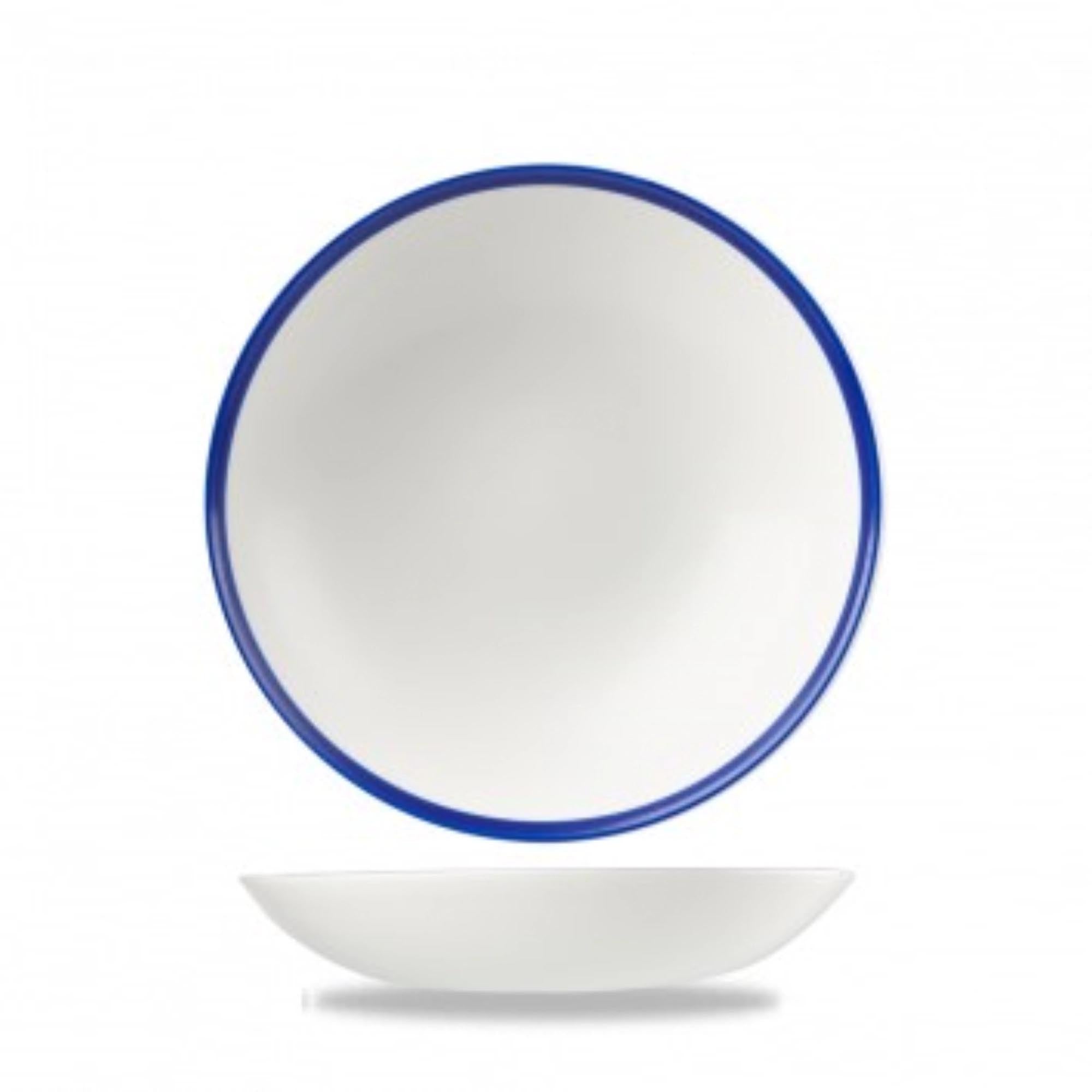 Elegante, robuste Retro Blue Coupe Teller von Churchill: Ideal für Suppen, Pasta, Salate. Spülmaschinen- und mikrowellengeeignet.