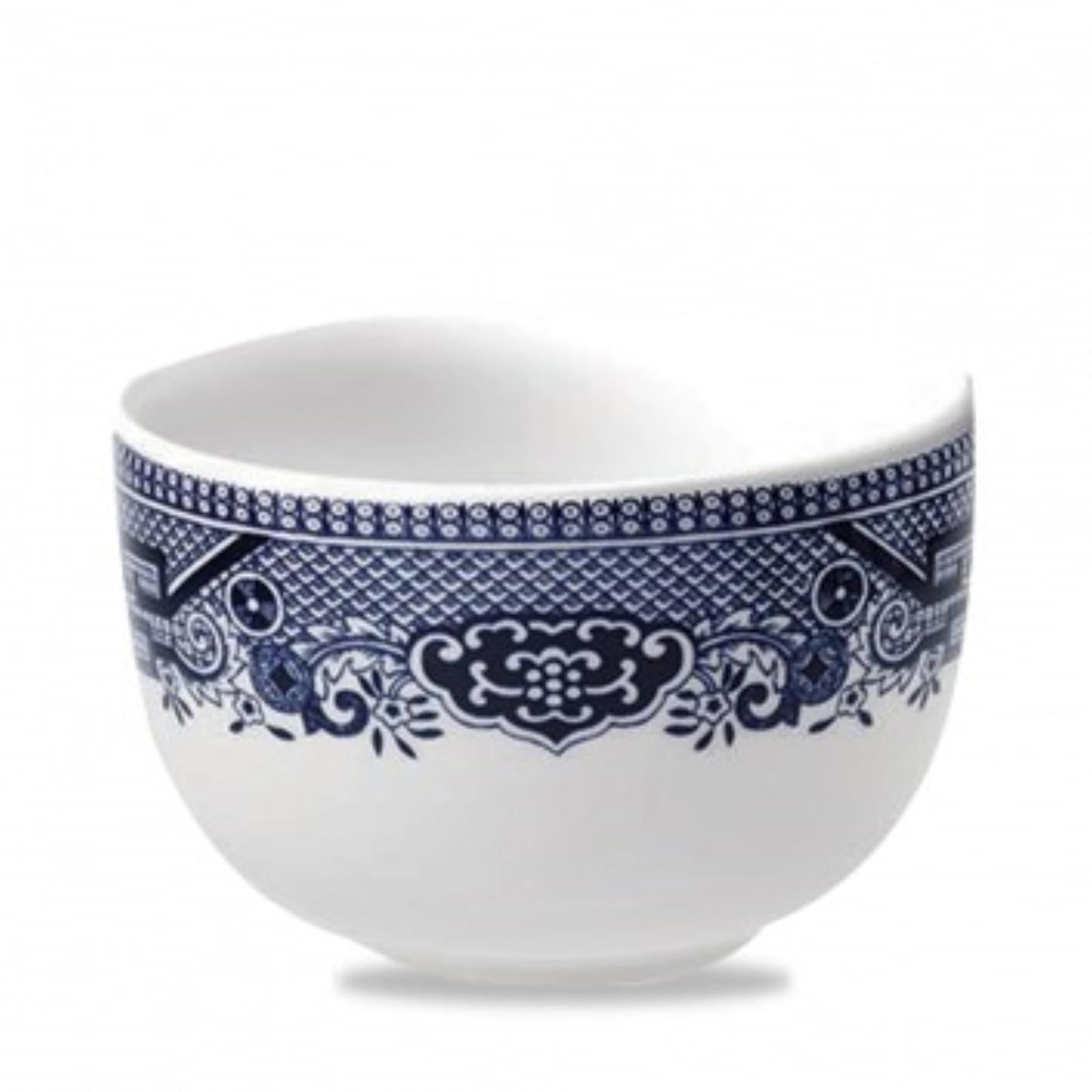 Elegante 9cm Zuckerdose von Churchill, aus Porzellan mit Blue Willow Dekor, ideal für Zucker und Süssigkeiten.