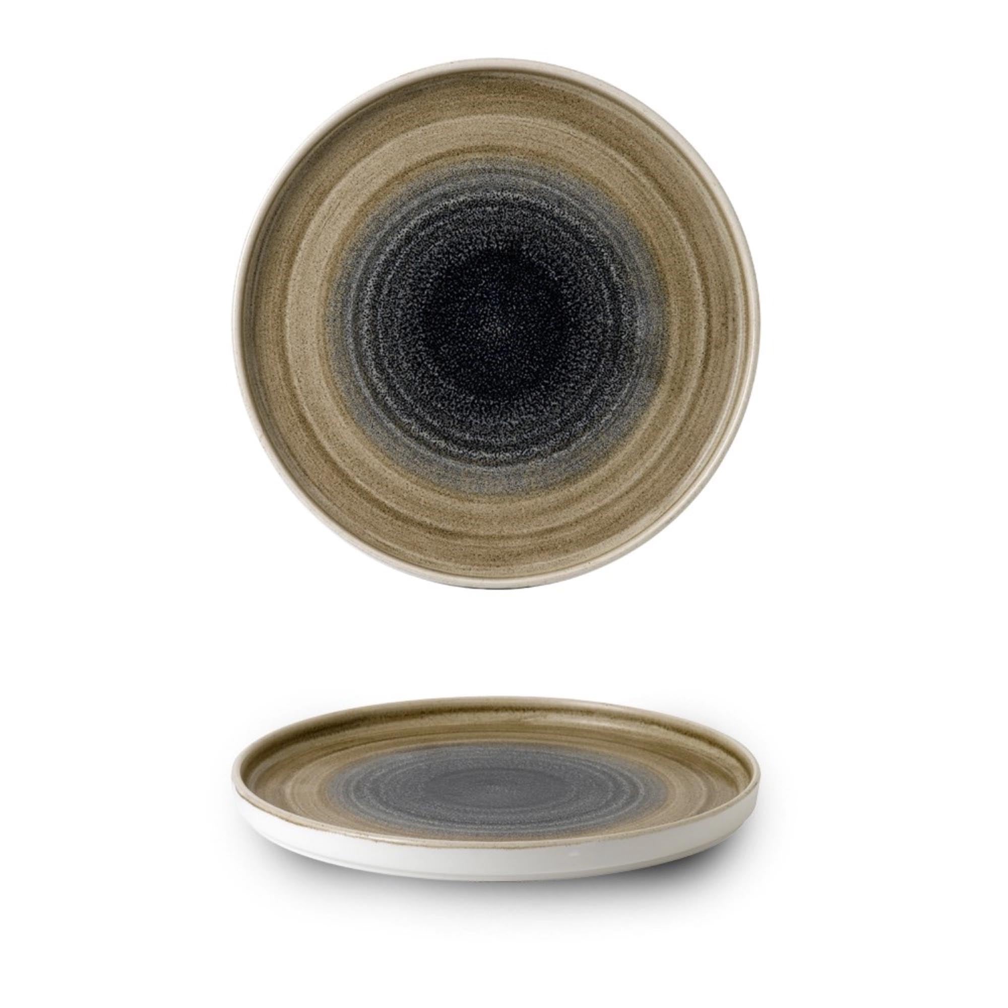 Der Stonecast Aqueous Bayou Teller von Churchill, 26cm, besticht durch handbemalte Eleganz, goldbraunen Rand und langlebiges Porzellan.