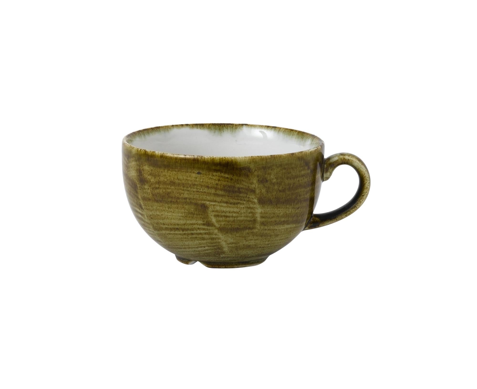 Elegante Stonecast Plume Olive Tasse 34cl von Churchill: robustes Porzellan, sanfter Olivton, ideal für Kaffee und Tee, spülmaschinenfest.
