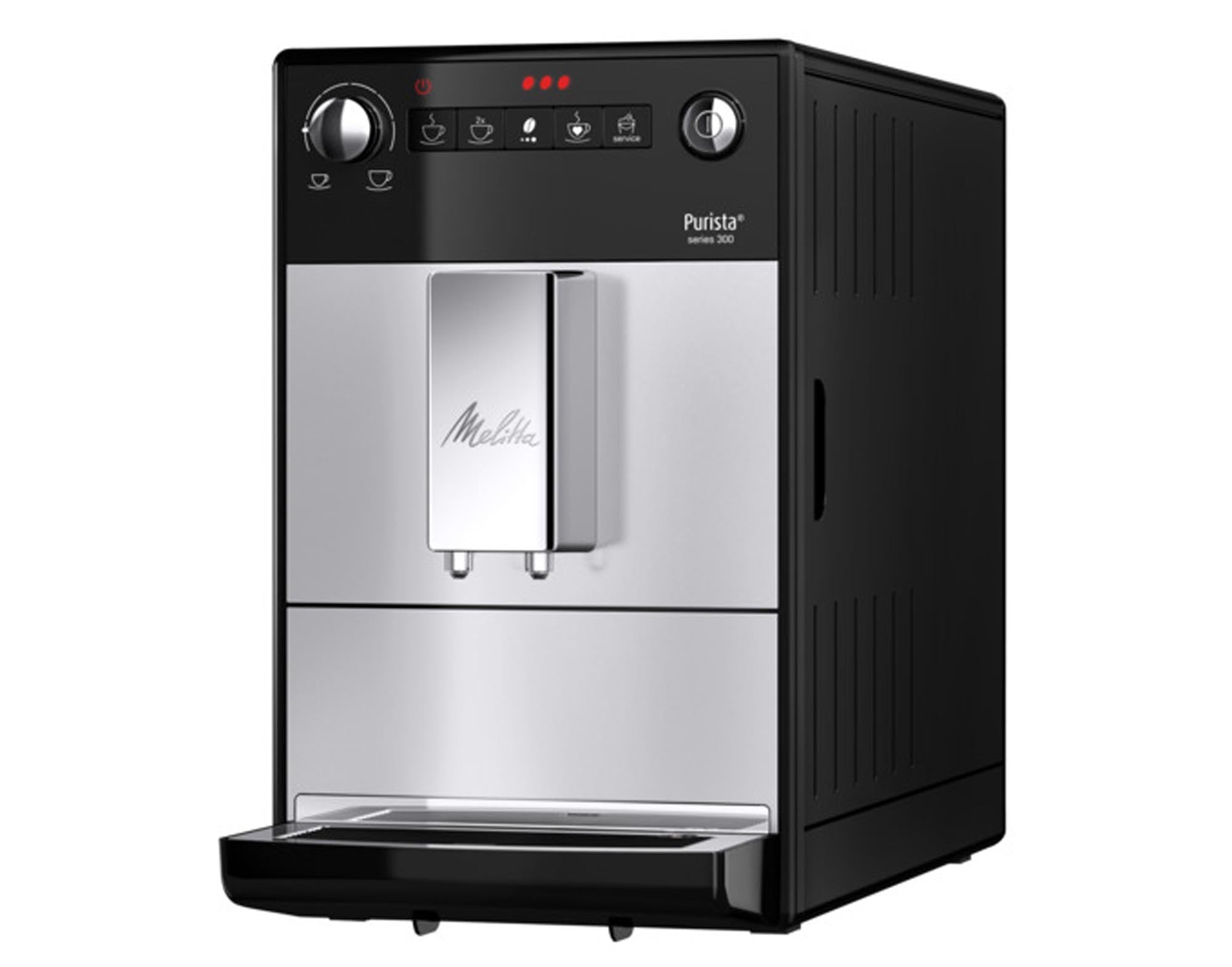 Entdecken Sie den MELITTA Espressoautomaten Purista 300 in Silber-Schwarz: Hochwertige Verarbeitung, benutzerfreundlich, für perfekten Kaffeegenuss.