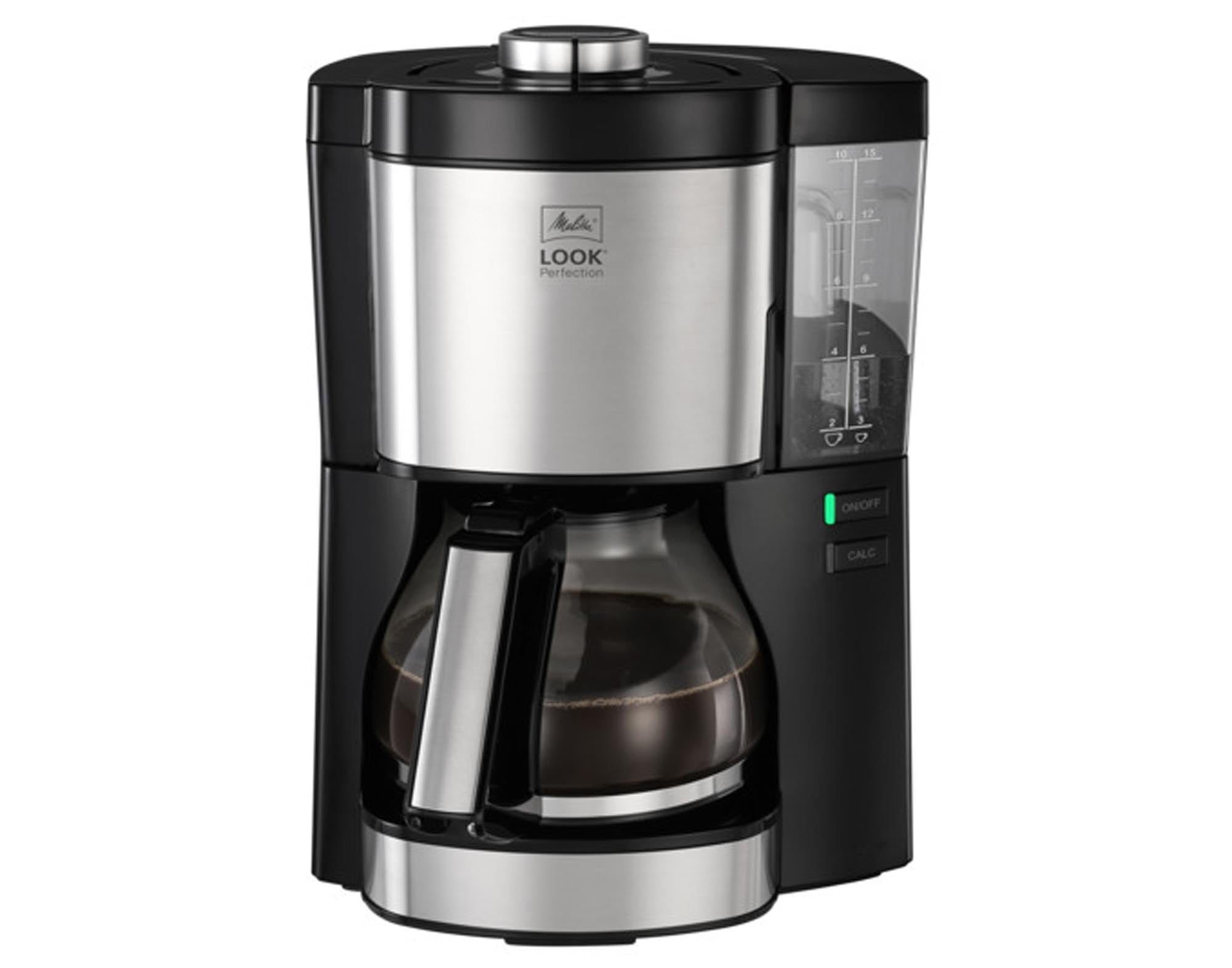 Entdecken Sie die MELITTA Kaffeemaschine Look Perfection: elegantes Design, integrierter AromaSelector, 10 Tassen Fassungsvermögen und Warmhalteplatte für perfekten Kaffeegenuss.