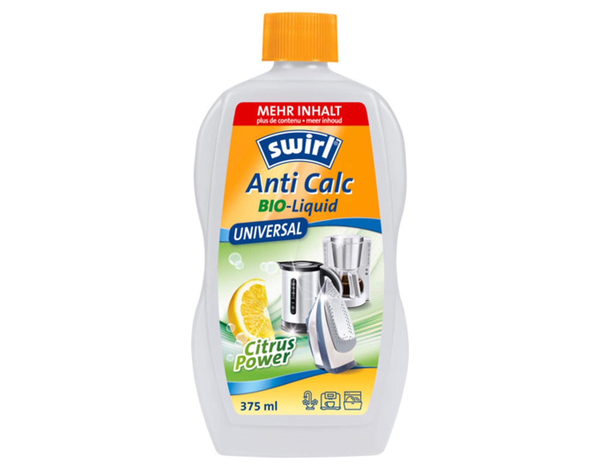 Entkalker Anti Calc Bio Liquid 375 ml von SWIRL: Umweltfreundlich, effektiv gegen Kalk, ideal für Kaffeemaschinen und Haushaltsgeräte.