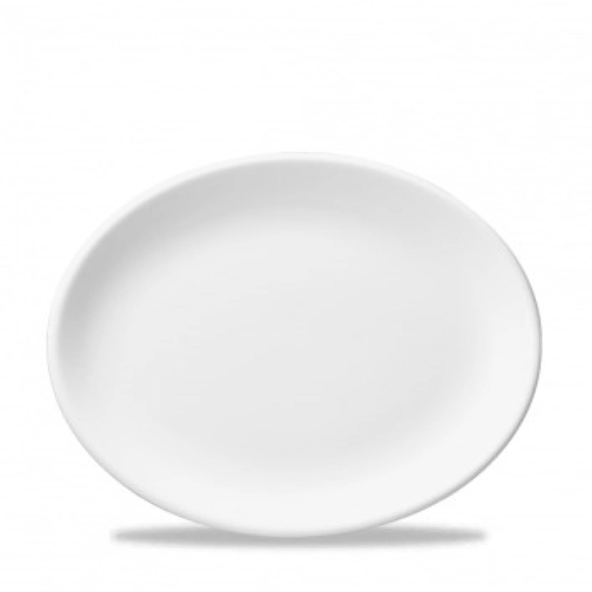 Eleganter 34cm White Oval Teller von Churchill aus robustem Porzellan, ideal für Hauptgerichte, Beilagen und Desserts.