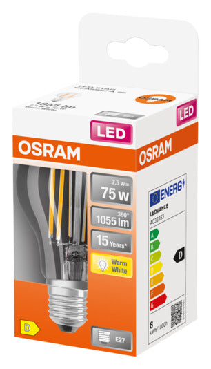 Energieeffiziente OSRAM LED-Lampe E27 7.5W mit 1055lm, warmweißem Licht und klassischem Design für sofortige Helligkeit und nachhaltige Beleuchtung.