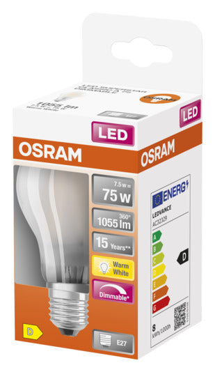 Entdecken Sie die OSRAM LED-Lampe Retrofit Superstar Classic A E27 7.5W mit 1055lm, dimmbar und in warmweiß. Perfekte Kombination aus klassischem Design und modernster LED-Technologie.