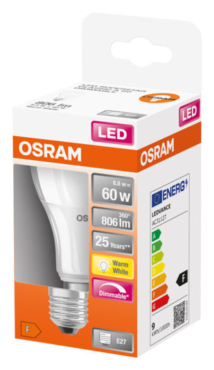 Energieeffiziente OSRAM LED-Lampe E27, 9.0W, 806lm, warmweiß. Sofortige Helligkeit, langlebig und umweltfreundlich. Ideal für jeden Raum.