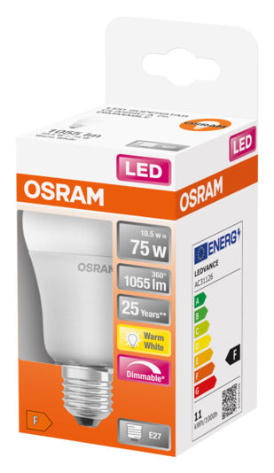 Energieeffiziente OSRAM LED-Lampe Superstar Classic A E27, 10.5W, 1055lm, warmweiß. Sofortige Helligkeit, langlebig und umweltfreundlich.