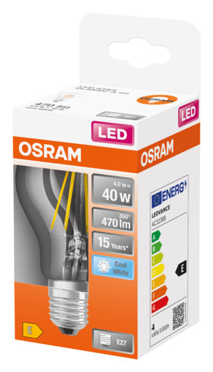 Entdecken Sie die OSRAM LED-Lampe Retrofit Star Classic A E27 4.0W 470lm in klarem Cool White – energieeffizient, sofort hell und umweltfreundlich.
