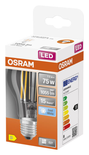 Entdecken Sie die OSRAM LED-Lampe Retrofit Star Classic A E27 7.5W 1055lm in klarem Cool White. Energieeffizient, sofort hell und umweltfreundlich!