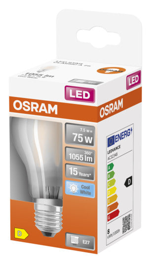 Entdecken Sie die OSRAM LED-Lampe Retrofit Star Classic A E27 7.5W 1055lm in frosted Cool White – energieeffizient, sofort hell und ideal für jeden Raum.