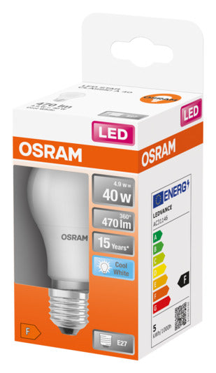 Energieeffiziente OSRAM LED-Lampe Star Classic A E27, 5.0W, 470lm, frosted Cool White. Sofortige Lichtleistung, ideal für jeden Raum.