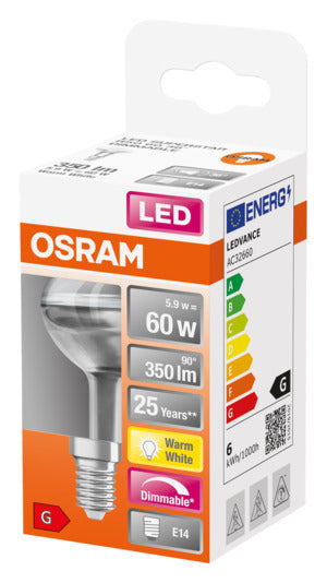Energieeffiziente OSRAM LED-Lampe Superstar R50 E14, 5.9W, 345lm. Sofortige Helligkeit, idealer Halogen-Ersatz, langlebig und umweltfreundlich.