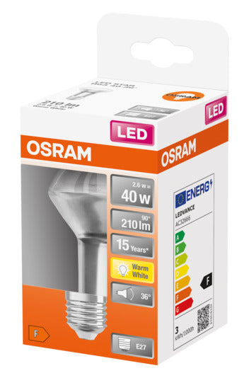 Energieeffiziente OSRAM LED-Lampe Star R63 E27, 2.6W, 210lm, warmweiß. Sofortige Helligkeit, ideal für Ihr Zuhause.