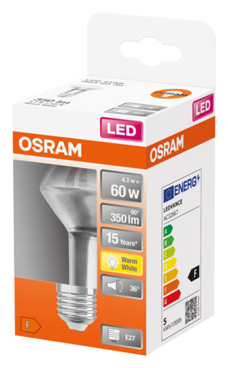Energieeffiziente OSRAM LED-Lampe Star R63 E27, 4.3W, 345lm, warmweiß. Sofortige Helligkeit, ideal für Wohnräume und Büros.