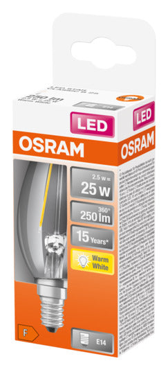 Entdecken Sie die OSRAM LED-Lampe Retrofit Star Classic B E14 2.5W 250lm in warmweiß. Ideal für energieeffiziente Beleuchtung mit sofortiger Helligkeit und klassischem Design.