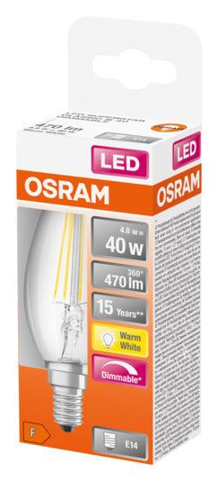Entdecken Sie die OSRAM LED-Lampe Retrofit Superstar Classic B E14 5.0W 470lm dimmbar. Energieeffizient, sofort hell und stilvoll für jedes Zuhause.