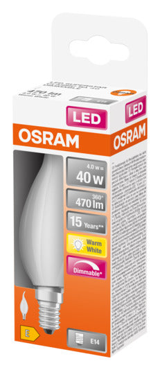 Energieeffiziente OSRAM LED-Lampe E14, 5W, 470lm, dimmbar. Klassisches Design, sofortige Helligkeit, ideal für stimmungsvolle Beleuchtung.