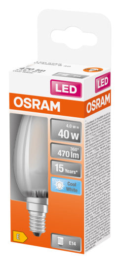 Entdecken Sie die OSRAM LED-Lampe Retrofit Superstar Classic B E14 4.0W 470lm in frosted Cool White – energieeffizient, sofort hell und stilvoll!