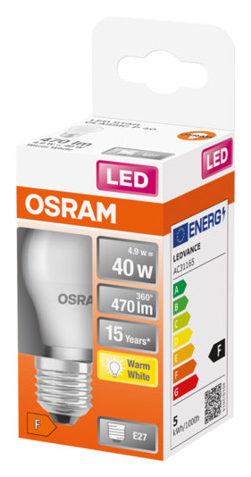 Energieeffiziente OSRAM LED-Lampe Star Classic P E27, 4.9 W, 470 lm, warmweiß. Sofortige Lichtleistung, einfach zu installieren, umweltfreundlich.