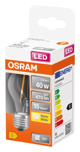 Energieeffiziente OSRAM LED-Lampe E27 mit 4W und 470lm, warmweißes Licht, sofortige Helligkeit, ideal für nachhaltige Beleuchtung.