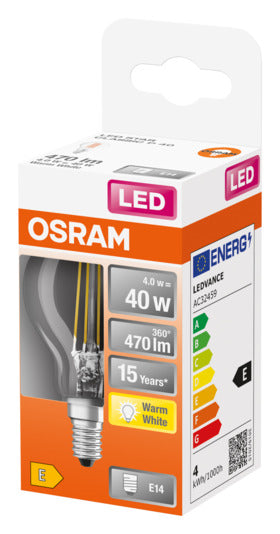 Entdecken Sie die OSRAM LED-Lampe Retrofit Star Classic P E14 4.0W mit 470lm in warmweiß. Ideal für energieeffiziente Beleuchtung und sofortige Lichtqualität.