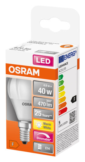 Entdecken Sie die OSRAM LED-Lampe Superstar Classic P E14 mit 4.5W und 470lm. Diese dimmbare, frosted Lampe bietet warmweißes Licht und hohe Energieeffizienz.