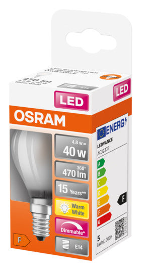 Entdecken Sie die OSRAM LED-Lampe Retrofit Superstar Classic P E14 5.0W mit 470lm, dimmbar und in warmweiß. Ideal für energieeffiziente Beleuchtung!