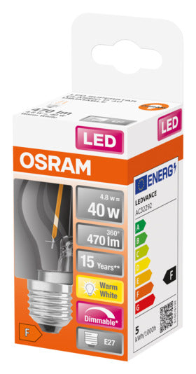 Entdecken Sie die OSRAM LED-Lampe Retrofit Superstar Classic P E27 5.0W 470lm dimmable clear Warm White – energieeffizient, sofort hell und im klassischen Design.