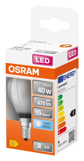 Energieeffiziente OSRAM LED-Lampe E14 4.0W mit 470lm, sofortige Helligkeit, modernes Design, idealer Ersatz für Glühlampen.